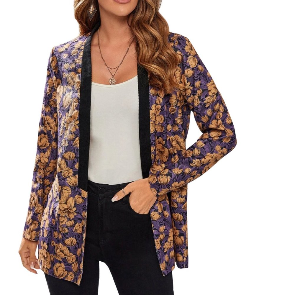 Purple and Orange Floral Print Open Jacket - Size Small